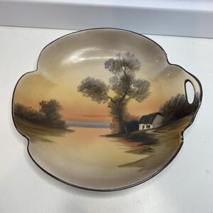 Vintage Hand Painted Noritake Bowl, Scenic Sunset, With Pierced Handle 6.25"